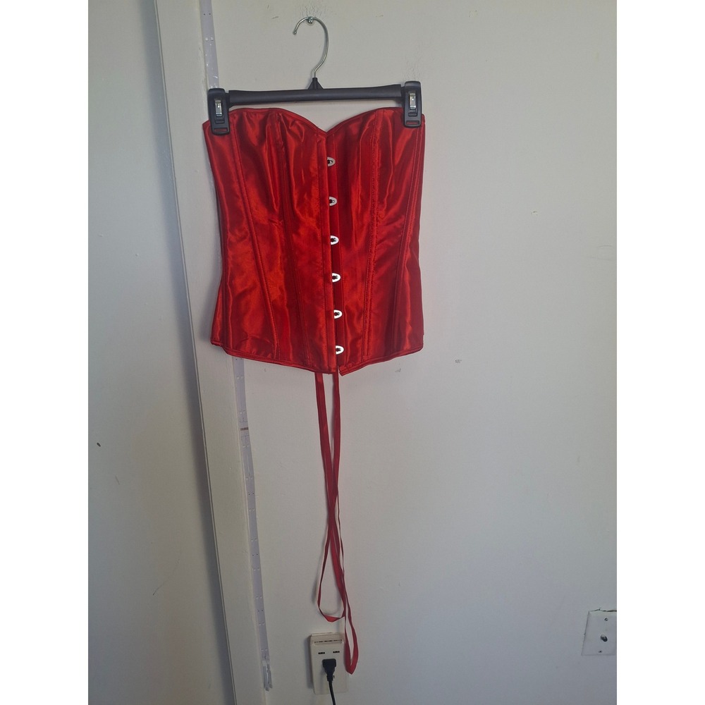 Red Satin Lace Up Corset Top Sweetheart Busk Front Boned Basque Medium